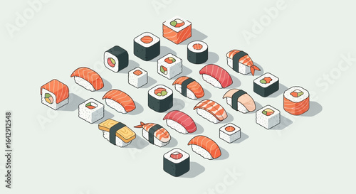 Isometric vector illustration of sushi set with nigiri and maki rolls arranged in a neat grid