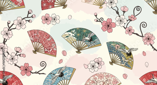 Japanese-inspired Seamless Pattern Cherry Blossoms, Cranes, and Traditional Fans with Watercolor Accents