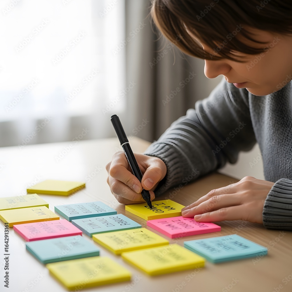 Fototapeta premium A young person writes on a yellow sticky note surrounded by other colorful notes on a light wooden surface, focused on planning or brainstorming.