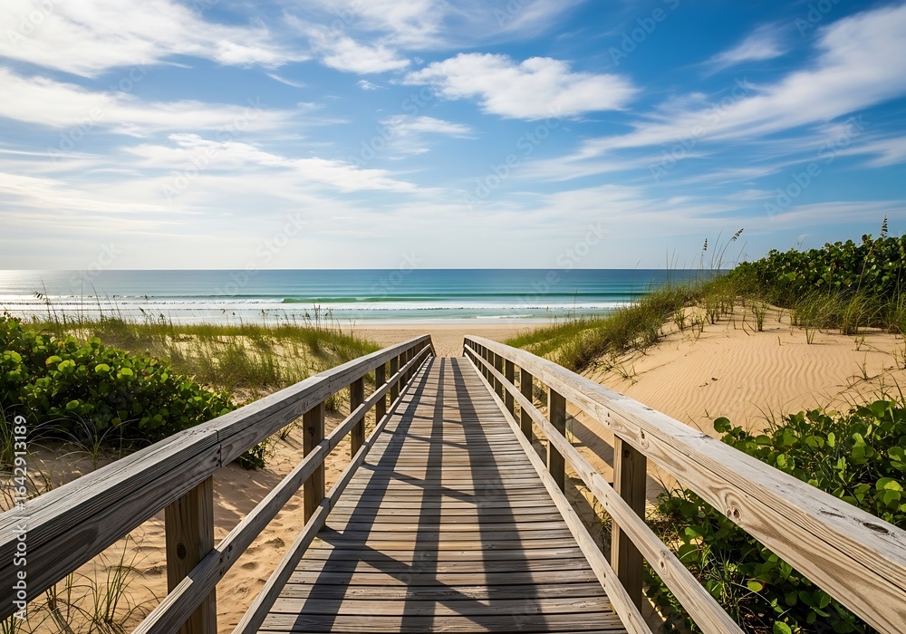 Fototapeta premium Wooden walkway leading to a beautiful sandy beach