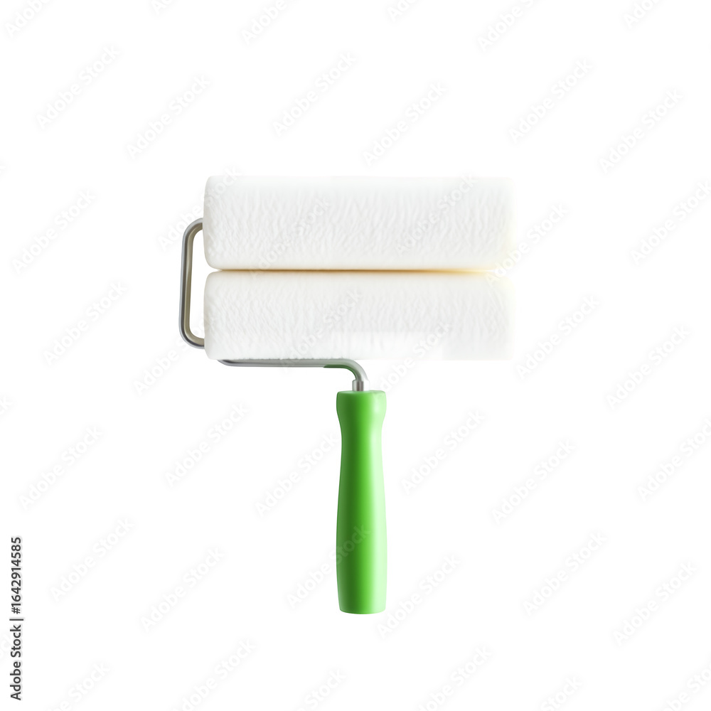 Obraz premium A bright green handled paint roller with two white rollers stacked vertically isolated on transparent background