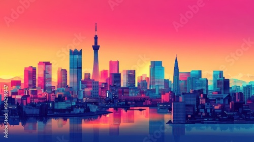 Vibrant cityscape at sunrise over waterfront with skyscrapers
