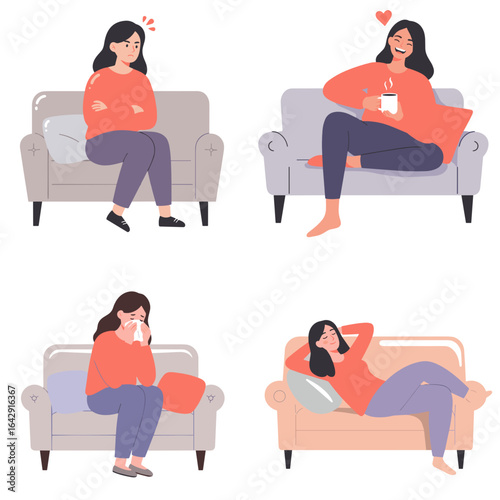 A set of vectors a woman is crying on the couch, emotional and vulnerable, happy,calm,determined, experiencing feelings,