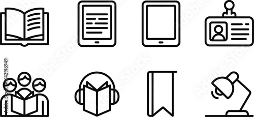 Education Icon Set Outline Style Featuring Book Tablet ID Card and Study Group Icons