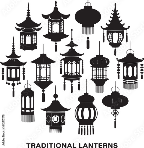 Elegant Silhouettes of Traditional Asian Lanterns A Cultural Symbol of Celebration Light and Decorative Artistry in Monochrome