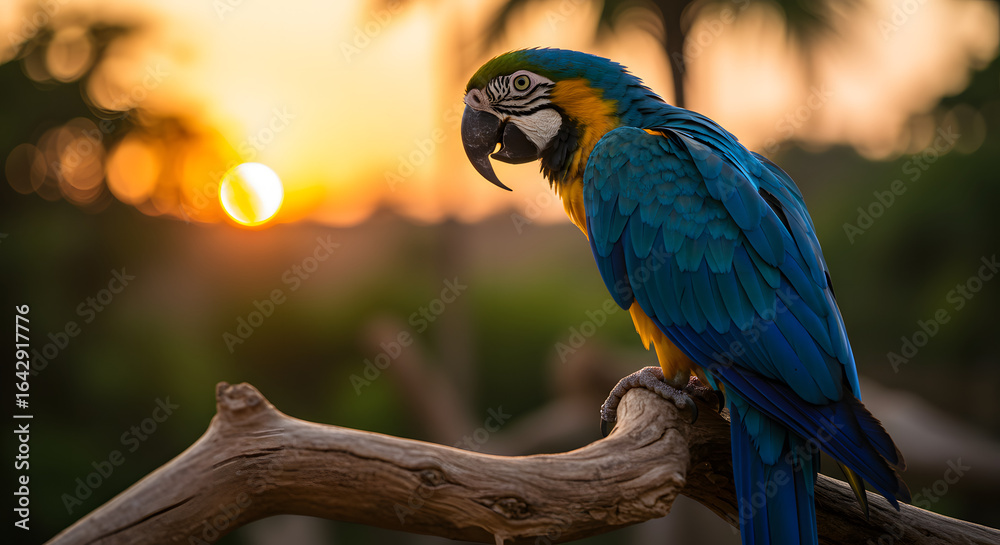 Obraz premium Vibrant Macaw with Colorful Feathers PNG Tropical Macaw Perched at Sunset PNG Colorful Macaw on Branch PNG Macaw with Bright Feathers and Sunset PNG