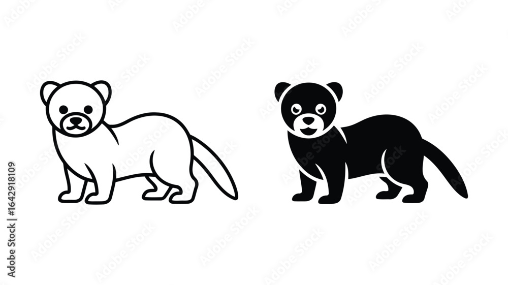 Fototapeta premium Adorable Ermine Clipart: Outline and Solid Black Vector Illustrations, Perfect for Children's Books, Logos, and Websites.