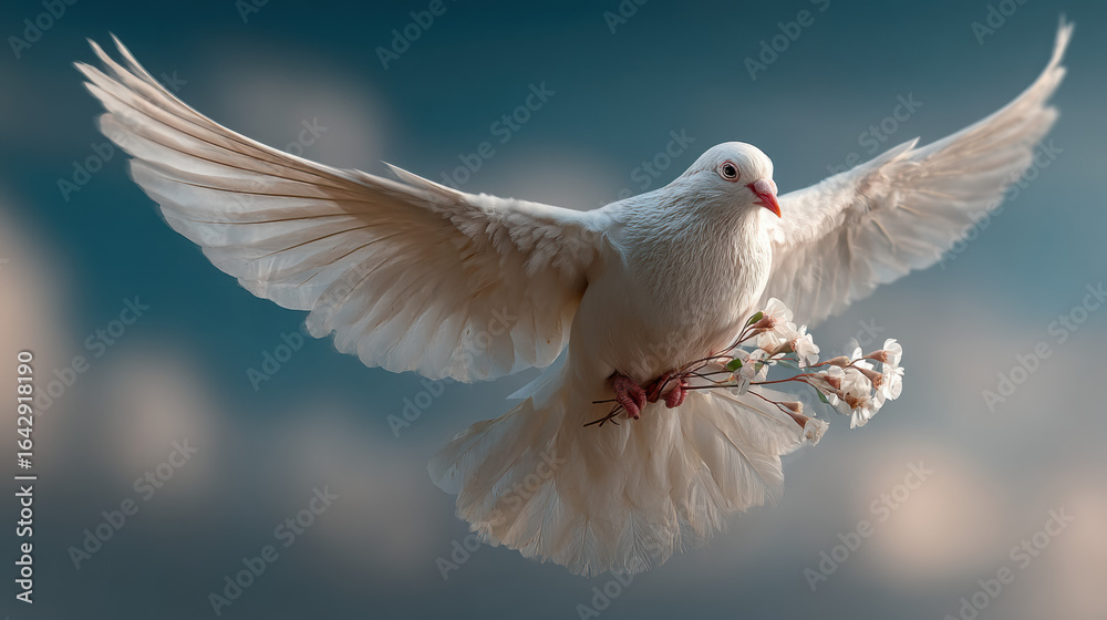 Fototapeta premium Beautiful white dove in flight with outstretched wings showcasing peaceful serenity nature's elegance and wildlife beauty in a stunning outdoor sky scene