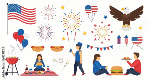 Celebrate Independence Day with vibrant fireworks, BBQ, and patriotic symbols for festive gatherings.