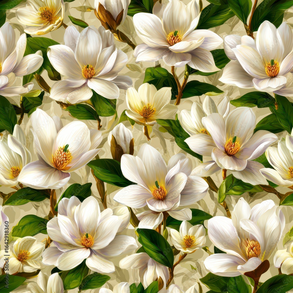 Fototapeta premium Delicate white magnolia flowers on a beige background