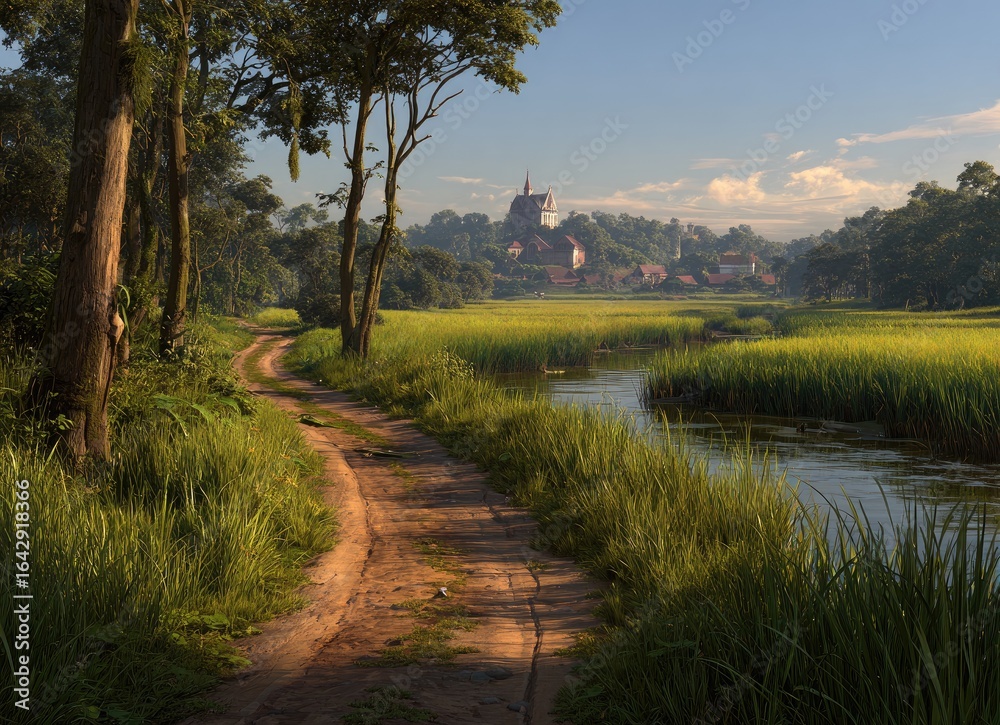 Fototapeta premium Sunlit path through lush green fields, town beyond