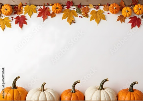 Fototapeta Naklejka Na Ścianę i Meble -  Autumn pumpkins and fall leaves background with text space