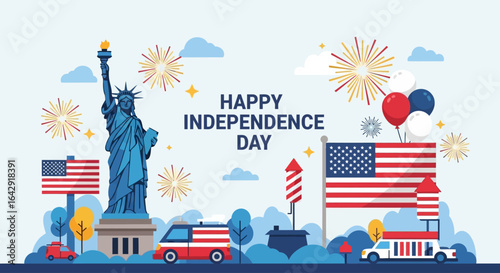 Celebrate Independence Day with iconic Statue of Liberty, fireworks, and American flag festivities