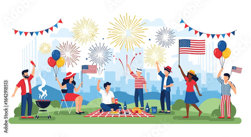 Joyful diverse group celebrates Independence Day with fireworks and barbecue picnic