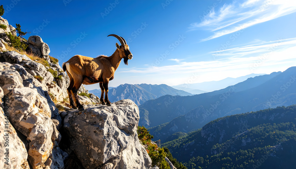 Goat Standing on Rocks in a Mountainous Landscape with a Clear Blue Sky Goat Standing on Rocks in a Mountainous Landscape with a Clear Blue Sky