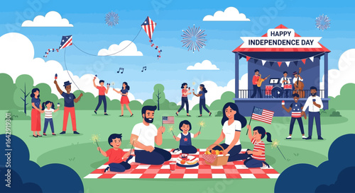 Joyful families celebrate Independence Day with picnics, kites, and live music in a vibrant park setting