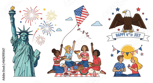 Celebrate Independence Day with iconic symbols like the Statue of Liberty, eagle, and joyful gatherings.