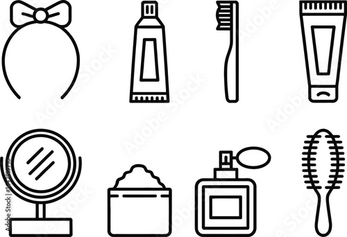 Isolated black outline icons, vanity accessories on transparent background