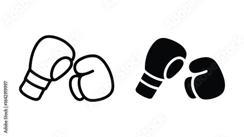 Boxing Gloves Icon Set: Outline and Solid Styles, Vector Illustration, Sport Graphic, Competition Symbol, Fight Concept, Black and White Design.