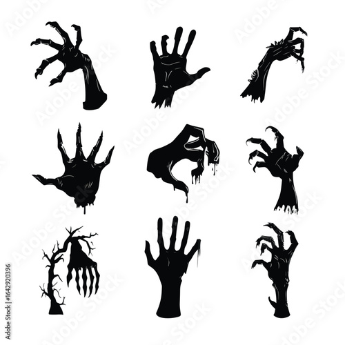 Vector silhouette set of Halloween Severed Hand isolated in White background, silhouette Set, Halloween theme, Vector illustration 