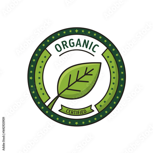 A green, circular logo featuring an organic leaf and the word "ORGANIC" for a certified product.