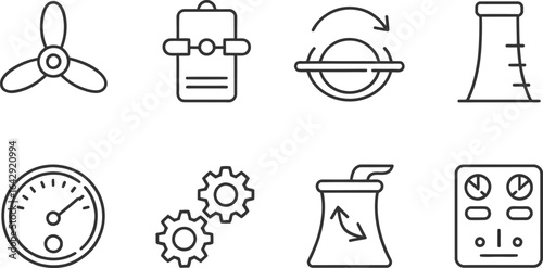 Line Icon Set featuring Engineering Elements, Gauges, Nuclear Plant, & Control Panels
