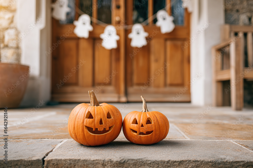 Obraz premium Two carved pumpkins on a doorstep decorated for Halloween at a rustic home