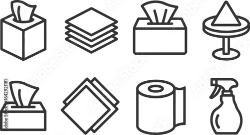 Line Icons Set of Tissues Box, Napkins, Toilet Paper and Spray Bottle on White