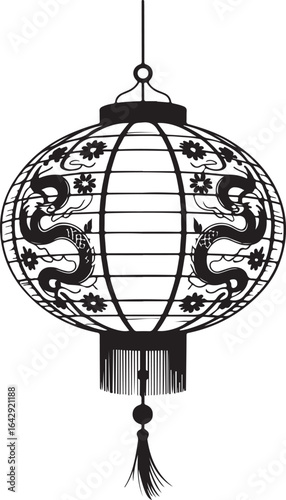 Wallpaper Mural Elegant Asian Lantern Silhouette Intricate Dragon and Floral Designs for Festive Celebrations and Cultural Decor Black and White Torontodigital.ca