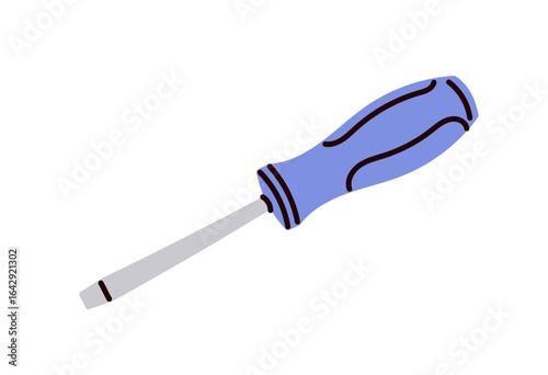 Classic screwdriver tool, ergonomic hand tool, metal shaft for tightening or loosening screws, building works, essential for repair, assembly and maintenance tasks minimal flat vector illustration.