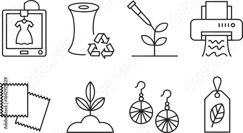 Linear style icons 3D printer, recycling, plant, printer, samples, sprout, earrings, tag