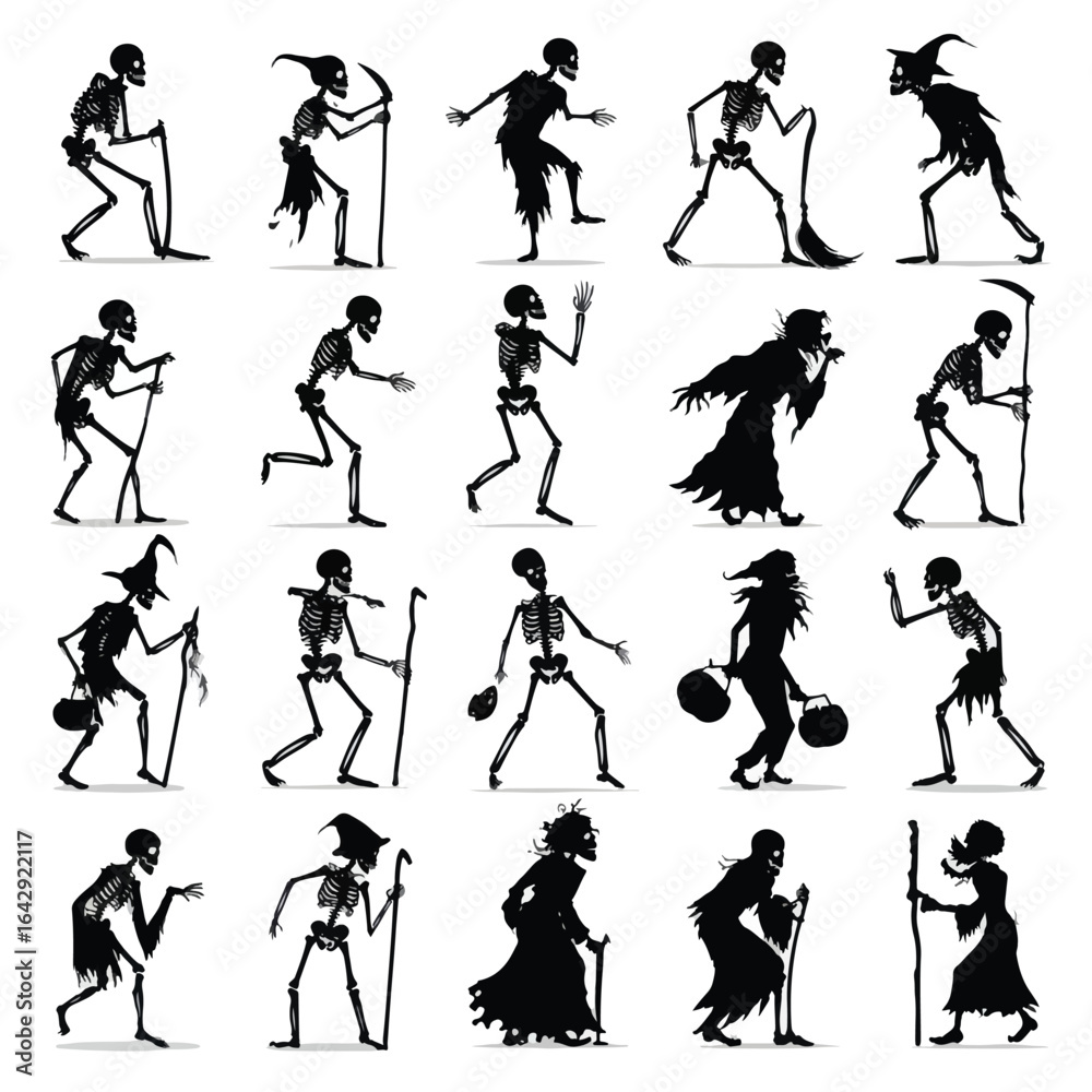 Obraz premium Vector silhouette set of Halloween Skeleton isolated in White background, silhouette Set, Halloween theme, Vector illustration 