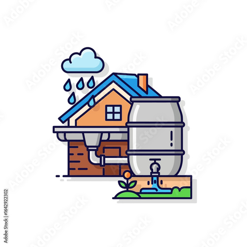 Rainwater harvesting system collecting rainwater from a house roof into a storage barrel for later use.