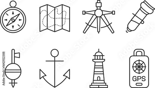 Nautical Outline Icon Set With Compass Map Sextant Buoy Anchor Lighthouse GPS