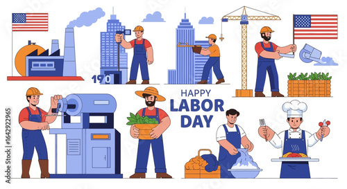 Happy Labor Day celebration with diverse workers, USA flags, and various professions