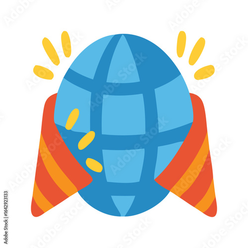 Globe icon on striped flags with light bursts, ideal for global events, international organizations, or cultural celebrations promotional materials.