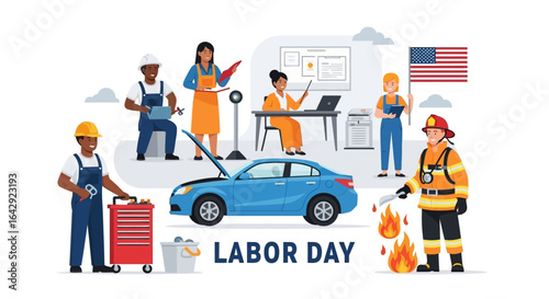 Diverse professionals celebrating Labor Day, symbolizing work, service, and American spirit
