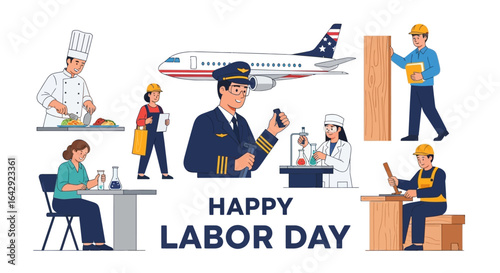 Happy Labor Day: Celebrating workers from various professions in a modern, vibrant illustration
