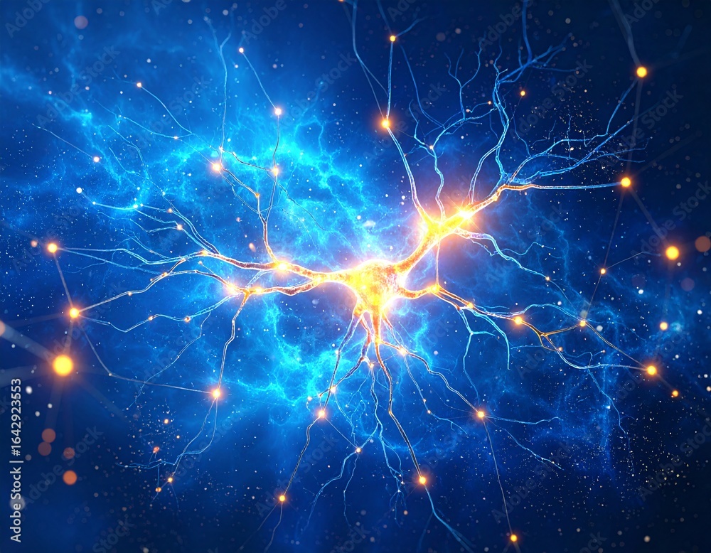 Abstract Glowing Neural Network with Emerging Golden Connections on Cosmic Blue Background – Symbol of Innovation, Connectivity, and Neuroplasticity Abstract Glowing Neural Network with Emerging Golden Connections on Cosmic Blue Background – Symbol of Innovation, Connectivity, and Neuroplasticity