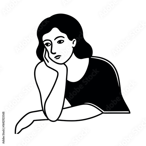 Woman resting her head on her hand with elbow on armrest in line art Vector illustration