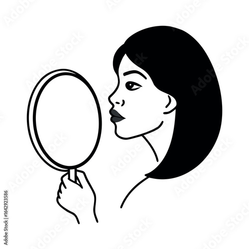 Woman looking into a hand mirror lips parted in graceful line artwork Vector illustration