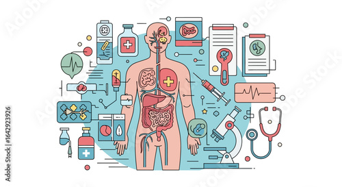 Comprehensive Medical Technology and Human Health Illustration