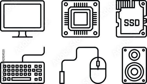 PC Hardware Line Art Set Monitor, CPU, SSD, Keyboard, Mouse, Speaker with thin lines