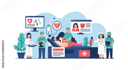 Medical professionals providing care to a patient in a modern hospital setting with technology