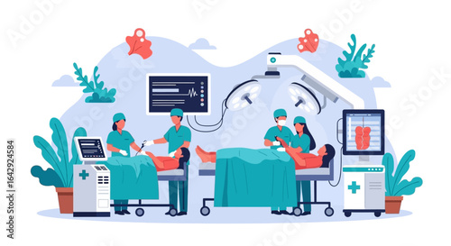 Medical team performing surgery in modern operating room with advanced equipment