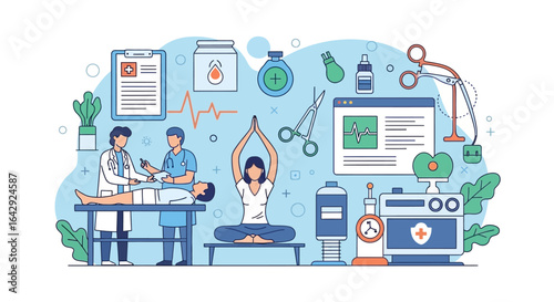 Healthcare professionals and wellness practices combined for a healthy lifestyle and medical care
