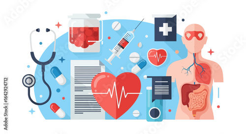 Modern medical illustration of human anatomy, healthcare, and treatment concepts for wellness.