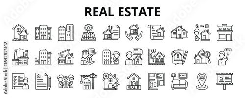30 Real Estate Line Icons Vector - House, Apartment, Building, Property, Retail, Investment, Contract 