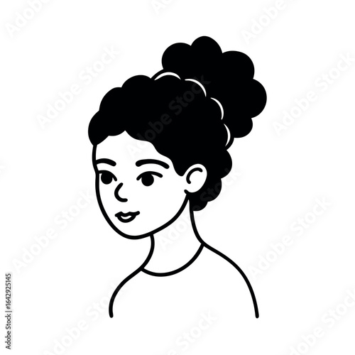 Girl with curly hair tied up in a messy bun in chic portrait Vector illustration