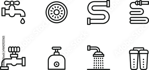 Plumbing Icons Collection Faucet, Shower, Hose, Pipe, Valve on White Background